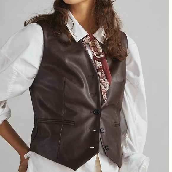 NWT Hutch for Anthropologie Faux Leather Classic Tailored Vest-Brown - Picture 1 of 7